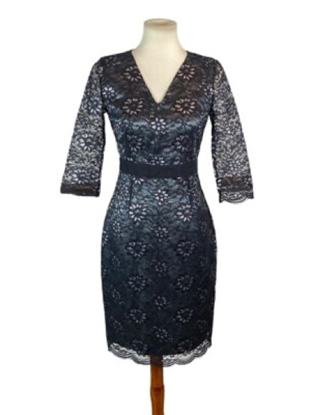 Banana Republic Lace Overlay
Dress Size 2 Black Silver V Neck
Sheer Sleeves
